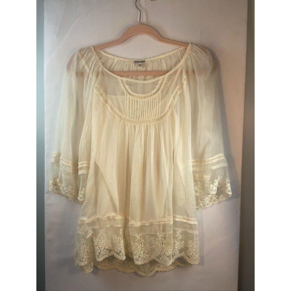 DANIEL RAINN WOMENS SMALL IVORY SHEER LACE 3/4 SLEEVE TANK LINED BLOUSE